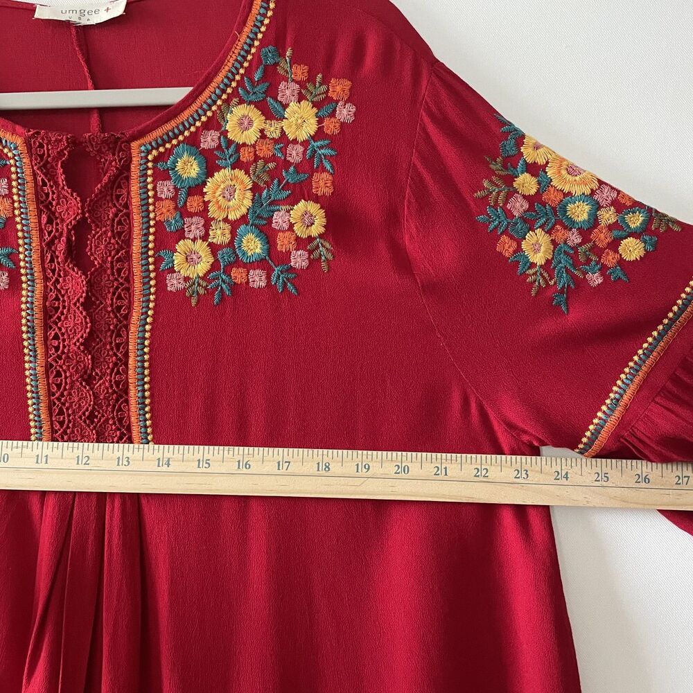 Umgee Boho Embroidered Red Bell Sleeve Tunic Shift Dress Size XL - Picture 6 of 11